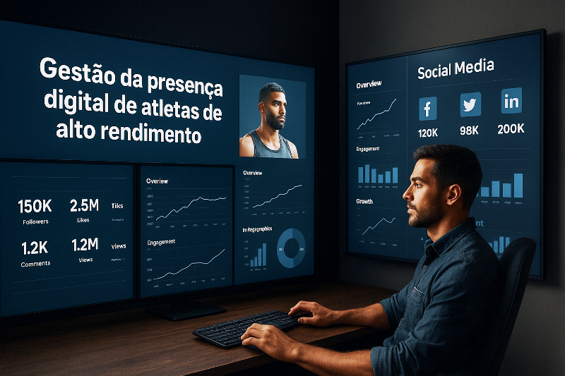 Gestão digital e estatísticas sociais de atletas de alto rendimento. Gestão da presença digital de atletas de alto rendimento em sala de mídia com monitores de estatísticas sociais.