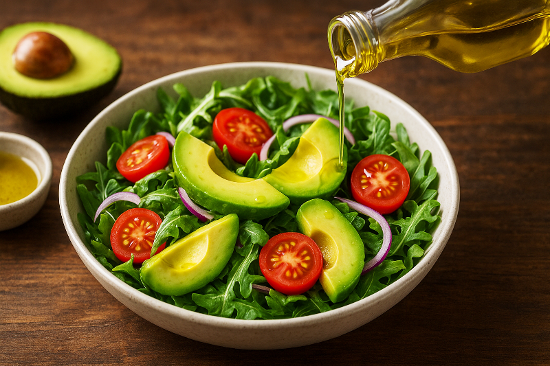 Salada com abacate e azeite – inspiração para refeições saudáveis. Substituições inteligentes de ingredientes em saladas – salada fresca com abacate, tomate cereja, azeite e folhas verdes.