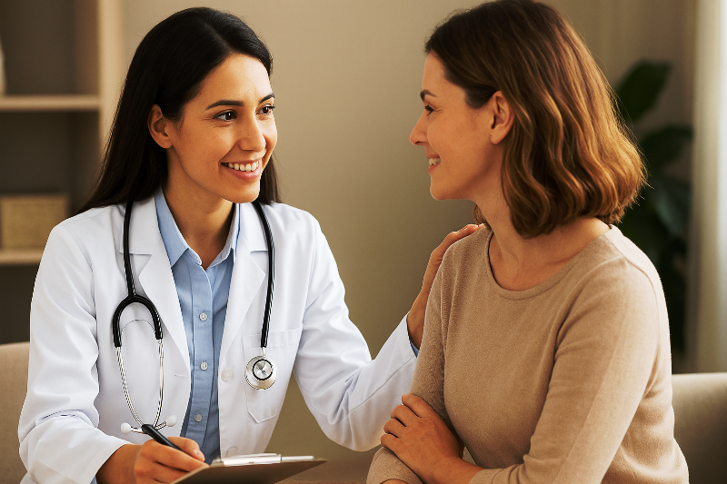 Médica ginecologista em consulta com paciente — saúde da mulher: cuidados ginecológicos e hormonais.