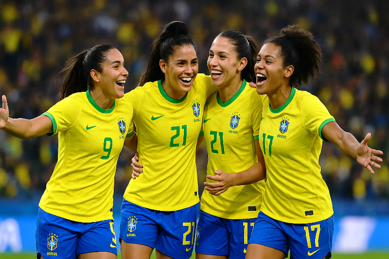 Seleção Brasileira Feminina comemorando gol no estádio. Seleção Brasileira Feminina comemorando gol em campo, representando a força e a presença feminina no esporte.