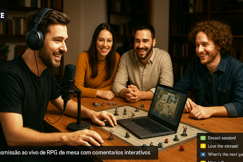 Sessão de gameplay de mesa comentada. Streamer transmitindo uma sessão de RPG de mesa com amigos, interagindo com o público enquanto jogam com miniaturas e mapas detalhados.
