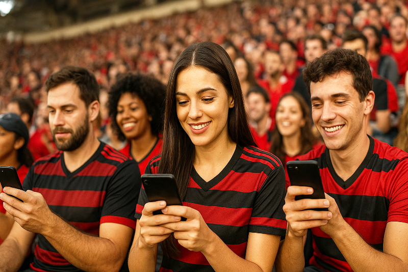 Torcida conectada no estádio. Torcida conectada às redes sociais no esporte.