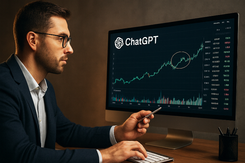 Estratégias com ChatGPT para antecipar altas de altcoins. Trader analisando gráficos de criptomoedas com apoio da inteligência artificial ChatGPT.