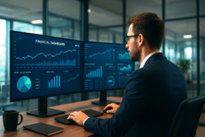 Inteligência Artificial aplicada à análise financeira em tempo real. Inteligência Artificial na análise de ativos em tempo real, com analista observando dashboards financeiros em um escritório moderno.