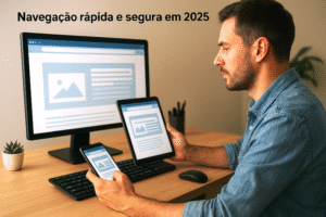 Navegação rápida e segura em 2025 com múltiplos dispositivos: computador, tablet e smartphone conectados.