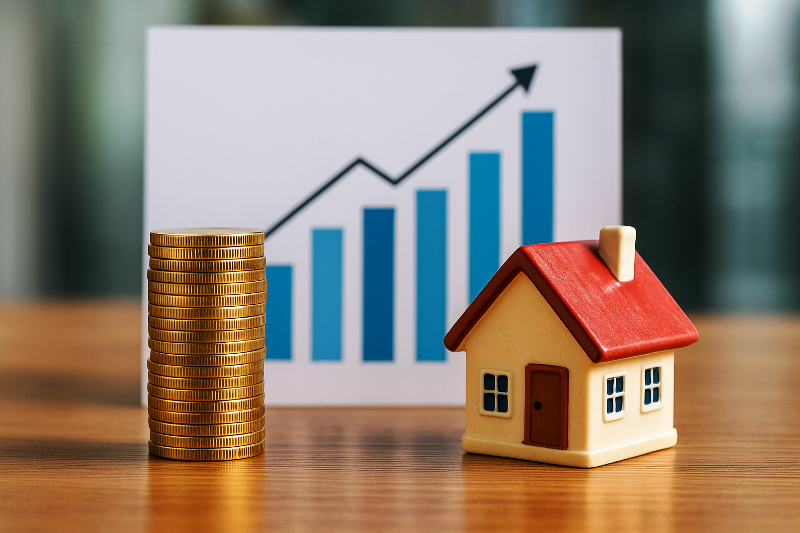 Vantagens fiscais dos fundos imobiliários representadas por moedas, casa em miniatura e gráfico de crescimento.