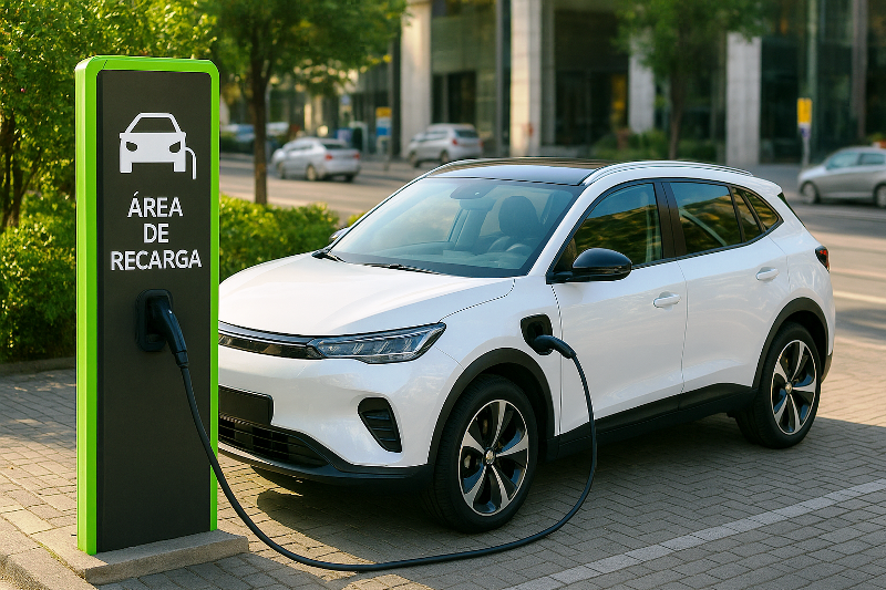 Carro elétrico branco sendo carregado em estação de recarga urbana no Brasil em 2025.