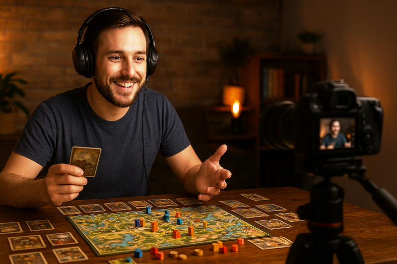 jogador grava gameplay de jogo de tabuleiro com câmera e fones de ouvido.