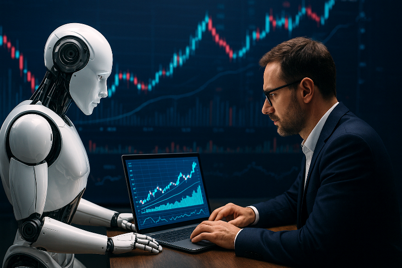 Inteligência Artificial nos Investimentos com robô e analista humano analisando gráficos financeiros.