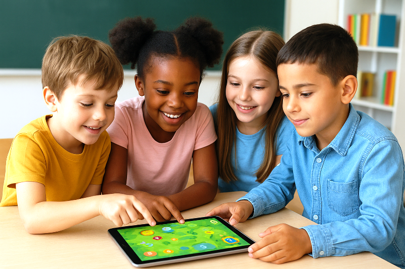 Jogos como ferramenta educacional em escolas, crianças aprendendo com tablet em sala de aula.