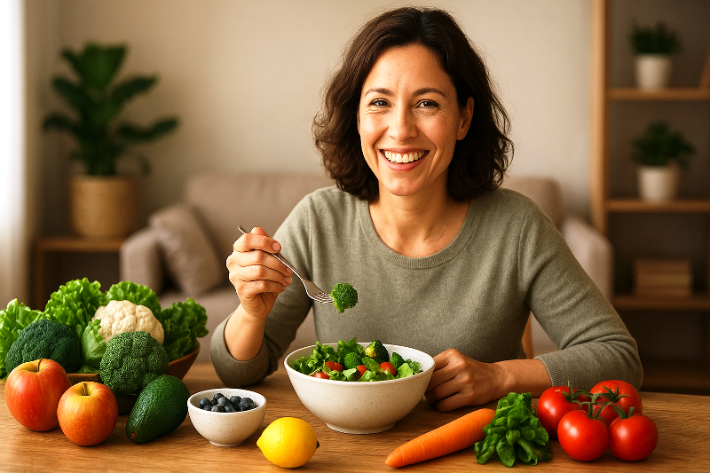 Mulher sorridente se alimentando de salada fresca, rodeada por frutas e vegetais, simbolizando prevenção e controle de doenças crônicas.