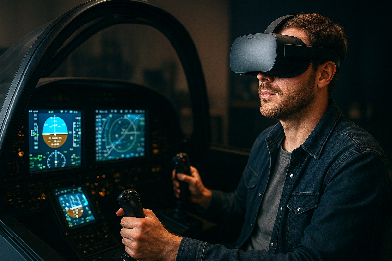 Homem utilizando simulador de voo com óculos de realidade virtual em cockpit realista.
