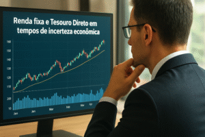 Investidor analisando gráficos de títulos públicos – Renda fixa e Tesouro Direto em tempos de incerteza econômica. Renda fixa e Tesouro Direto em tempos de incerteza econômica – investidor analisando gráficos de títulos públicos.
