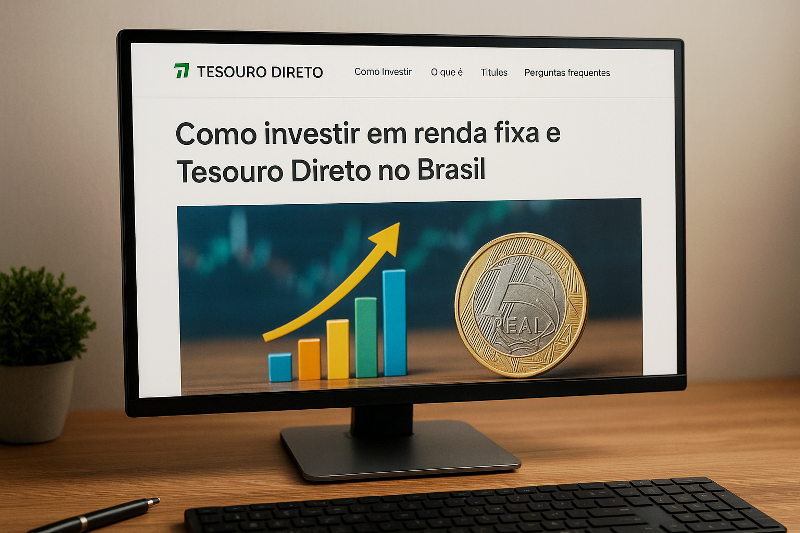 Simulação em tela de computador do site Tesouro Direto, com gráfico de crescimento e moeda de 1 real.