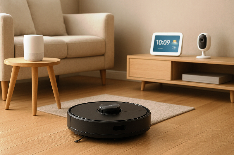 Aspirador robô entre gadgets inteligentes para casa.