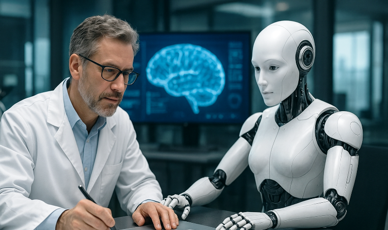 Cientista e assistente de IA colaboram em pesquisa científica avançada em um laboratório moderno.