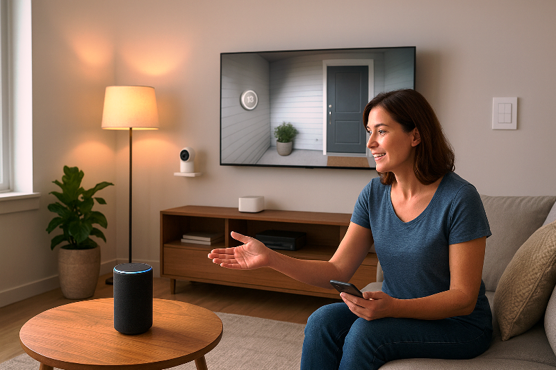 Mulher interagindo com assistente virtual em uma sala moderna equipada com gadgets inteligentes para casa.