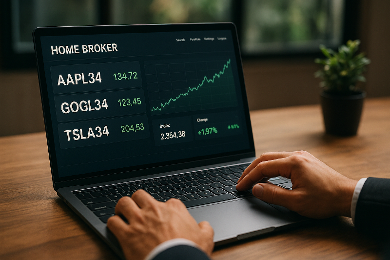 Tela de notebook exibindo home broker com cotações de BDRs AAPL34, GOGL34 e TSLA34, com gráfico de alta e interface moderna.
