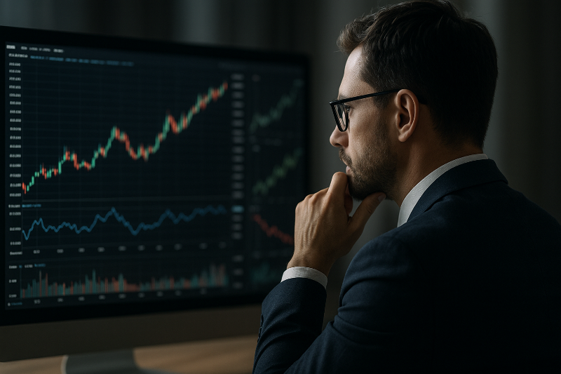 Investidor analisando gráficos de ações estrangeiras em tela de computador.