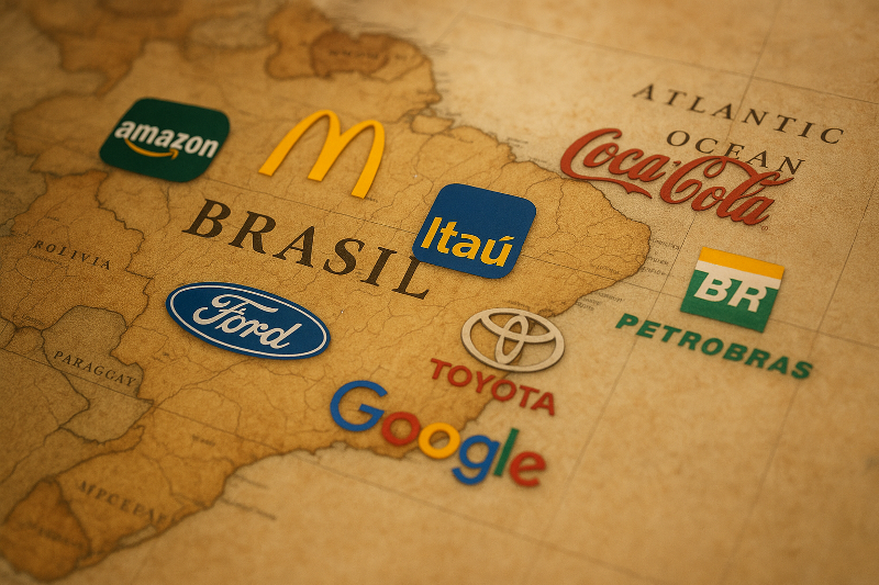 Mapa do Brasil com logos de grandes empresas globais sobre diferentes regiões do país.