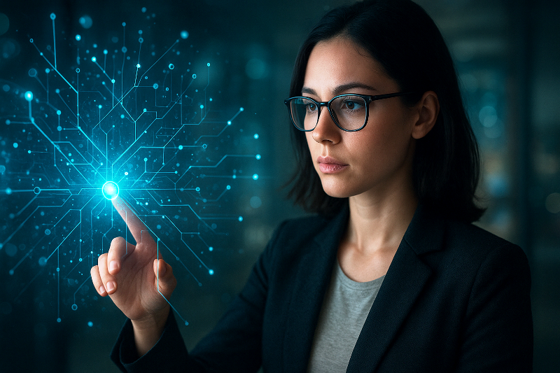 Mulher interagindo com interface holográfica que representa modelos de IA com raciocínio real.