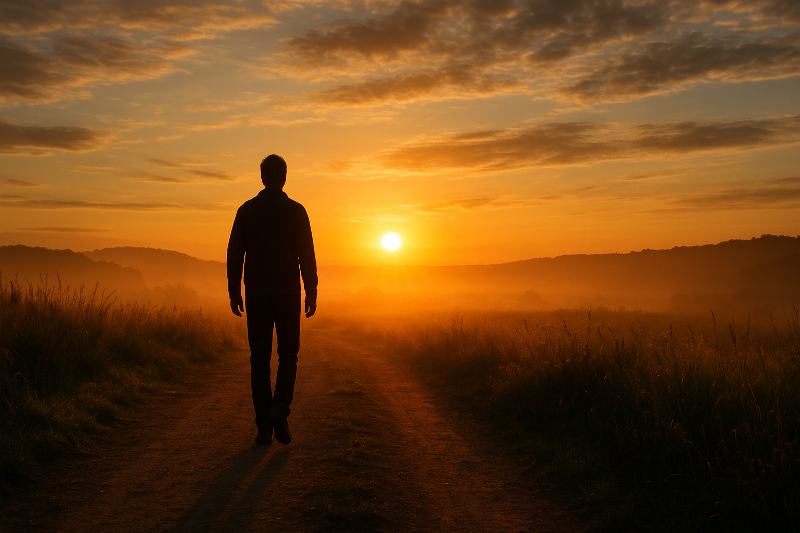 Pessoa caminhando ao nascer do sol – símbolo de recomeço e esperança Pessoa caminhando por uma estrada ao nascer do sol, envolta por luz dourada e neblina suave, simbolizando um novo começo e esperança.