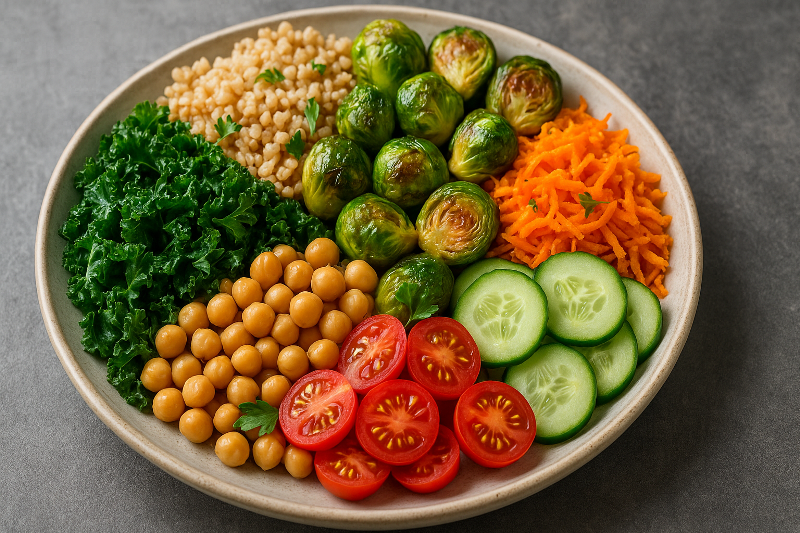 Prato elegante com alimentos integrais e verduras frescas. Prato colorido com alimentos integrais e verduras frescas, incluindo grão-de-bico, tomate-cereja, pepino, cenoura ralada, couve e couve-de-bruxelas, dispostos de forma harmoniosa em um prato de cerâmica.