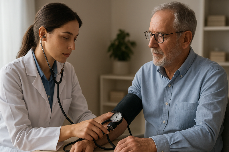 Profissional de saúde monitorando pressão arterial de paciente. Profissional de saúde medindo a pressão arterial de um paciente idoso em consultório médico.