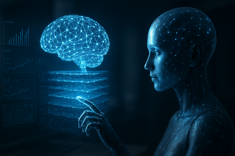 IA analisando dados em camadas neurais holográficas.