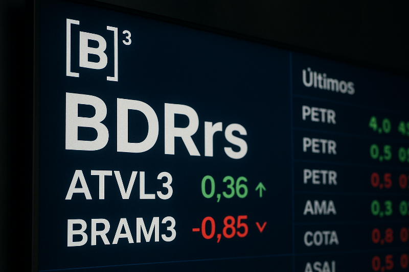 Tela da B3 exibindo BDRs em destaque, com cotações em alta e baixa.