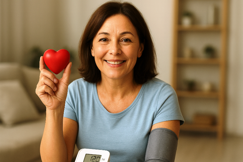 Mulher sorridente medindo a pressão arterial enquanto segura um coração vermelho, simbolizando o controle da hipertensão, diabetes tipo 2, colesterol alto e obesidade.