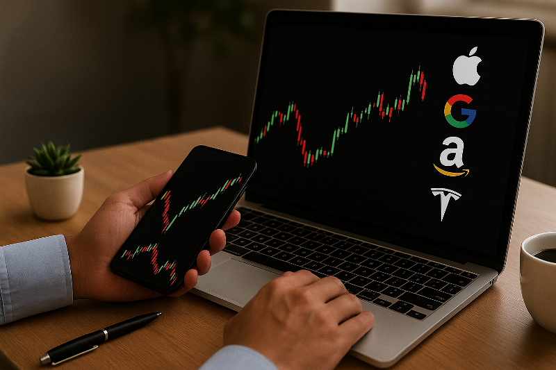 Pessoa analisando gráficos de ações em um notebook e em um smartphone sobre uma mesa de trabalho.